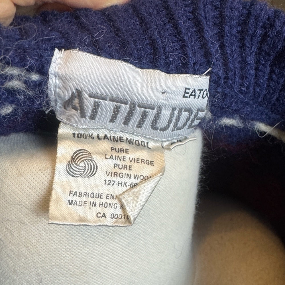 Vintage Eaton Attitude 100% Pure Virgin Wool Fair Isle Sweater Navy Multi Size L - Picture 5 of 5